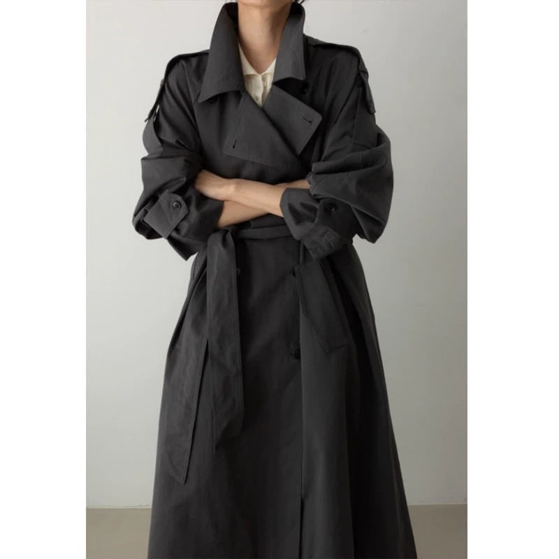 Women's Oversized Long Trench Coat with Double Breasted Design and Tie Belt - Image 6
