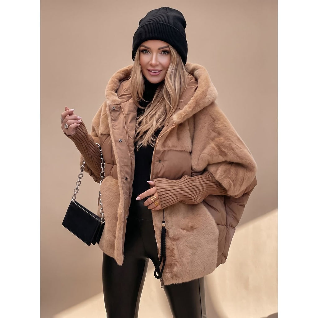 Women's Oversized Puffer Jacket with Faux Fur Panels and Hooded Neckline - Image 1
