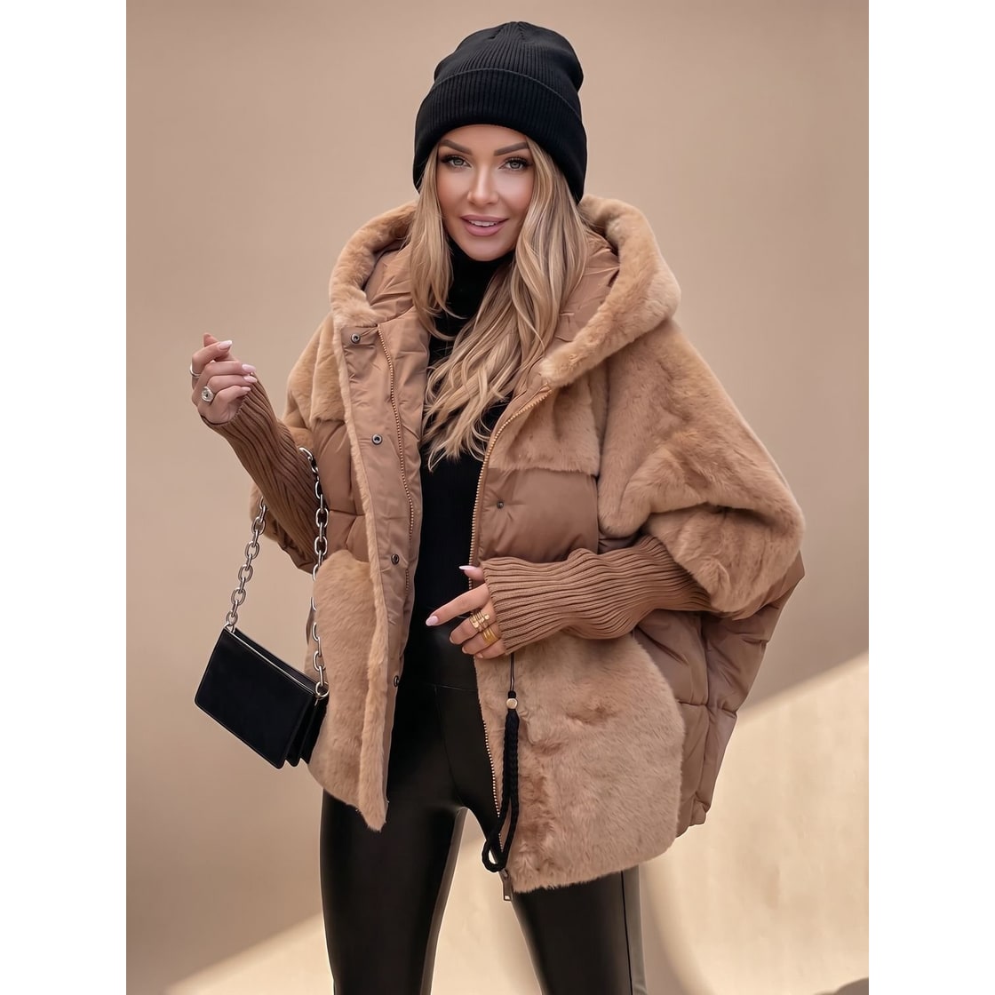 Women's Oversized Puffer Jacket with Faux Fur Panels and Hooded Neckline - Image 1