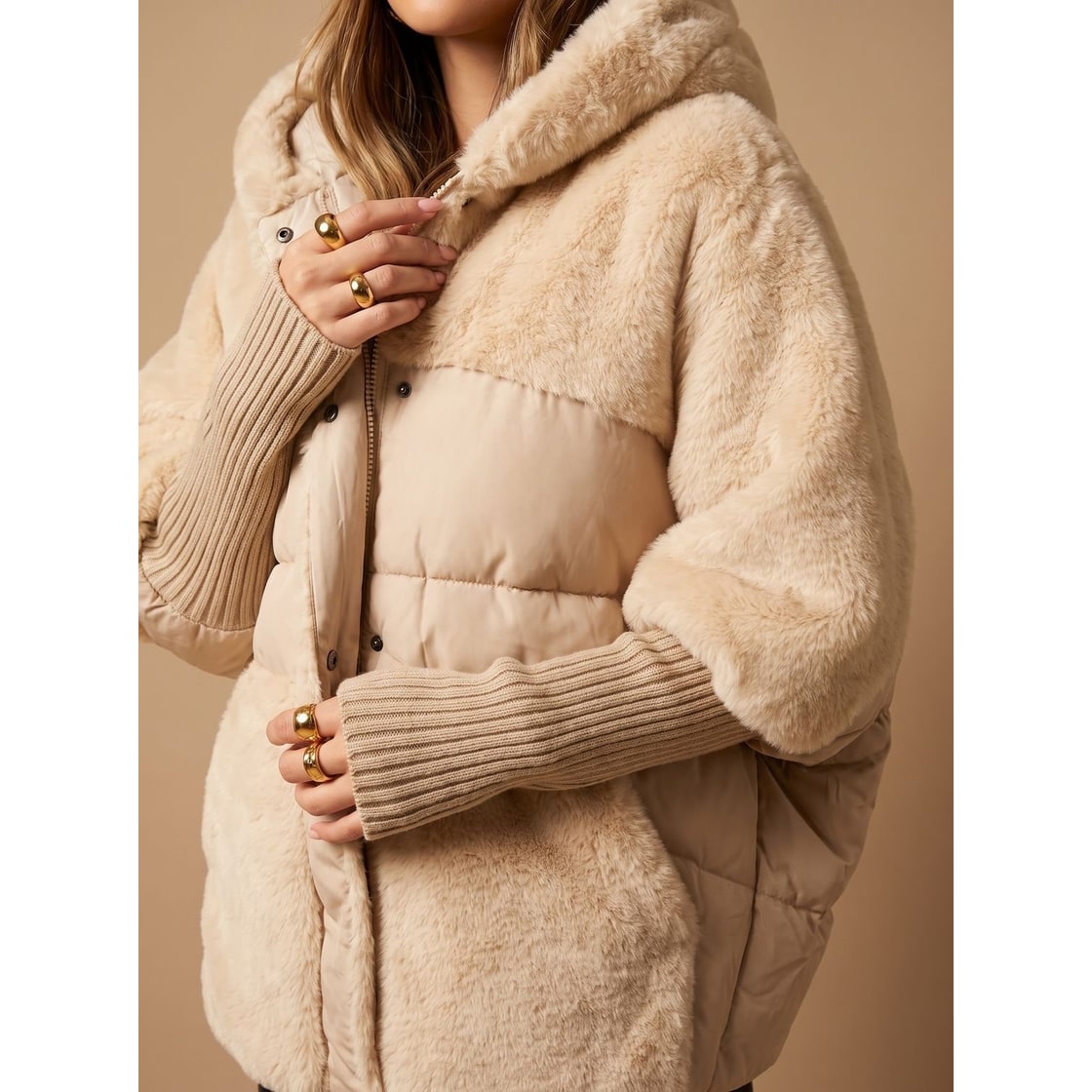 Women's Oversized Puffer Jacket with Faux Fur Panels and Hooded Neckline - Image 2