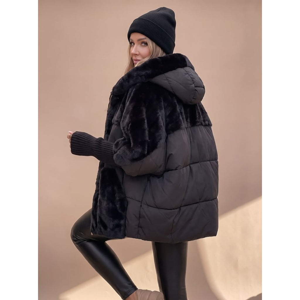 Women's Oversized Puffer Jacket with Faux Fur Panels and Hooded Neckline - Image 3