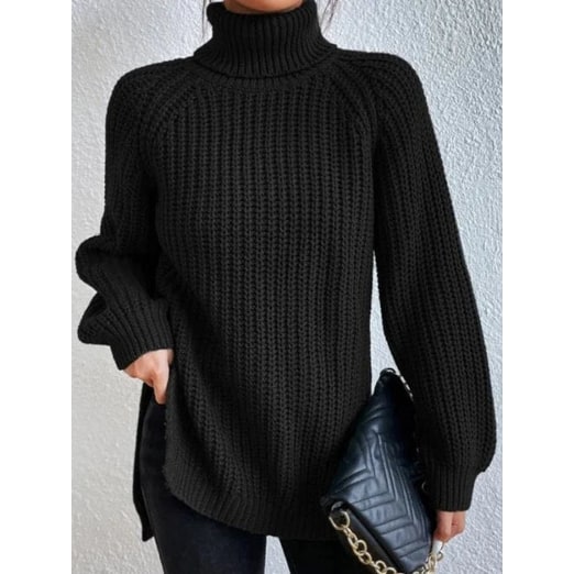 Women's Oversized Turtleneck Sweater with Chunky Knit and Side Slits - Image 1