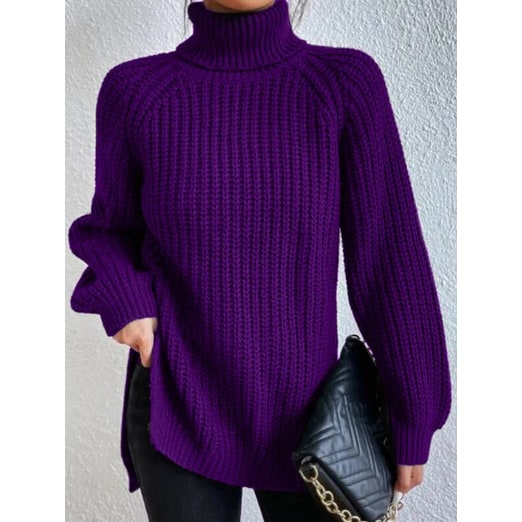 Women's Oversized Turtleneck Sweater with Chunky Knit and Side Slits - Image 10
