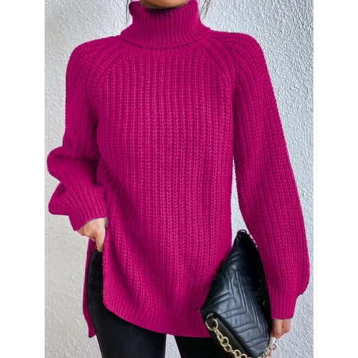 Women's Oversized Turtleneck Sweater with Chunky Knit and Side Slits - Image 11