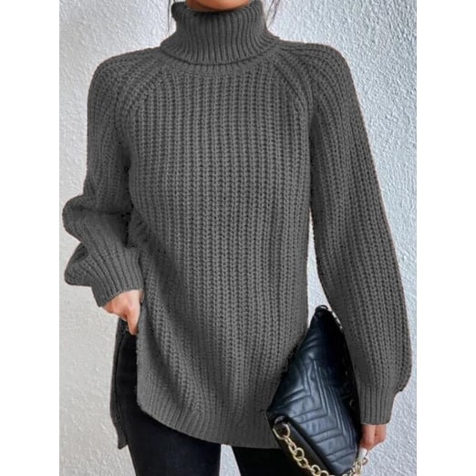 Women's Oversized Turtleneck Sweater with Chunky Knit and Side Slits - Image 3
