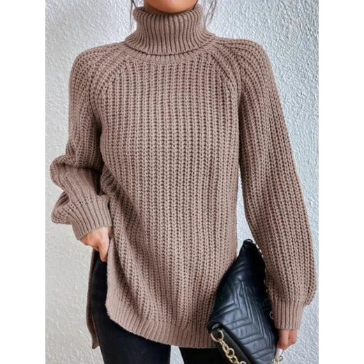 Women's Oversized Turtleneck Sweater with Chunky Knit and Side Slits - Image 4