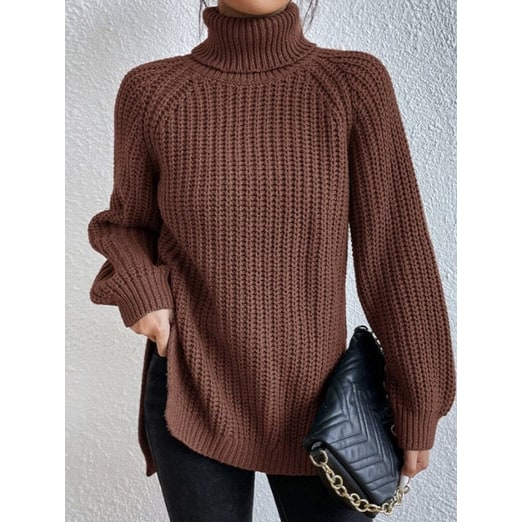 Women's Oversized Turtleneck Sweater with Chunky Knit and Side Slits - Image 5