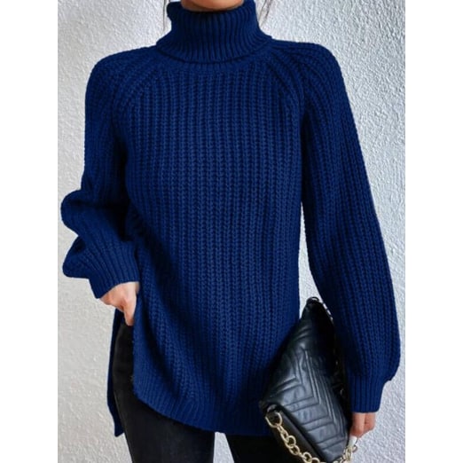 Women's Oversized Turtleneck Sweater with Chunky Knit and Side Slits - Image 6