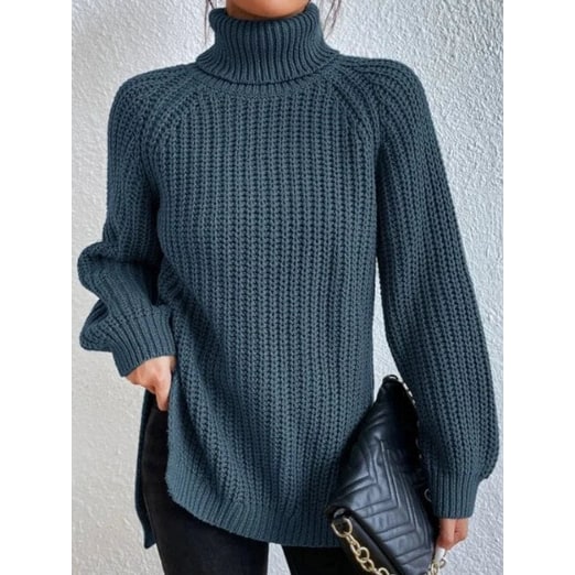 Women's Oversized Turtleneck Sweater with Chunky Knit and Side Slits - Image 7