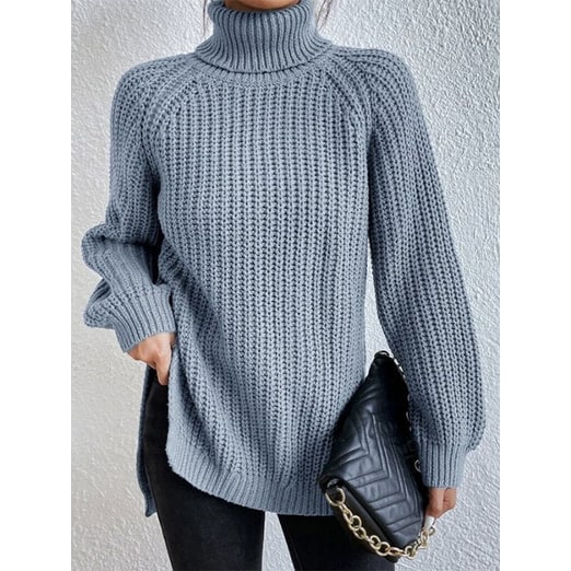 Women's Oversized Turtleneck Sweater with Chunky Knit and Side Slits - Image 8