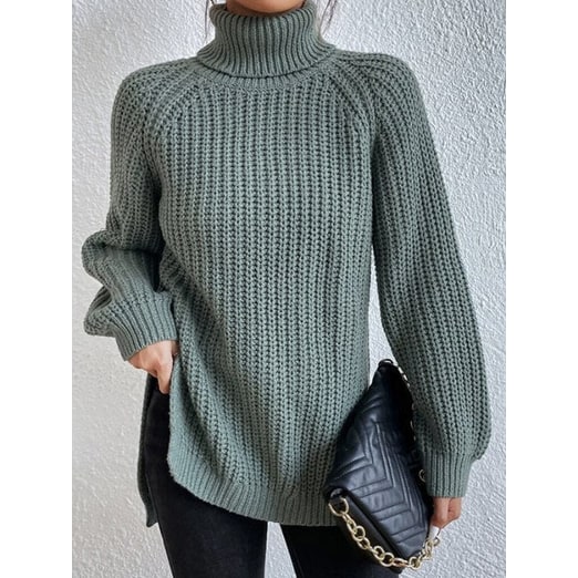 Women's Oversized Turtleneck Sweater with Chunky Knit and Side Slits - Image 9
