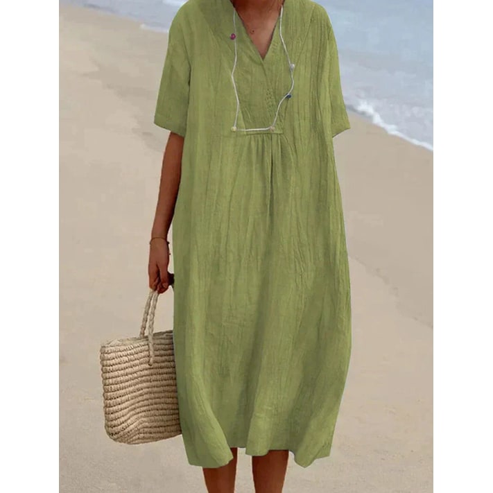 Women's Oversized V-Neck Short Sleeve Midi Dress Summer | Gathered Chest - Image 2