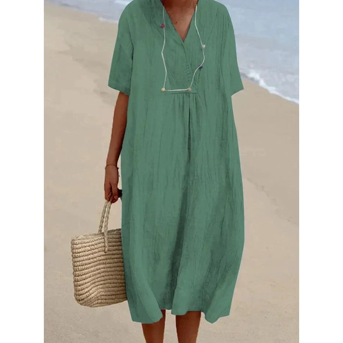 Women's Oversized V-Neck Short Sleeve Midi Dress Summer | Gathered Chest - Image 3