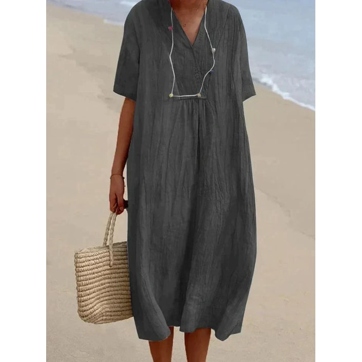 Women's Oversized V-Neck Short Sleeve Midi Dress Summer | Gathered Chest - Image 4