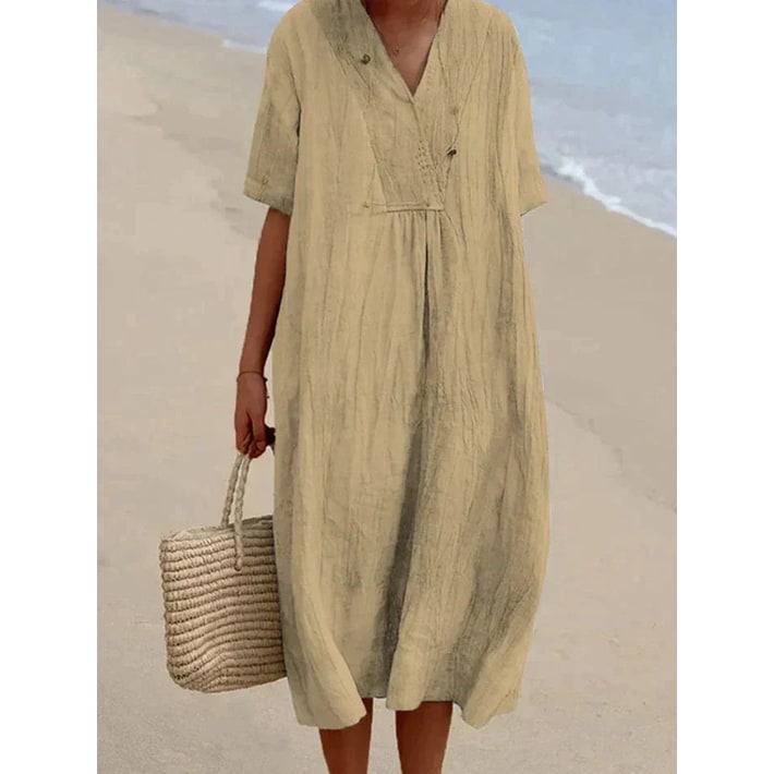 Women's Oversized V-Neck Short Sleeve Midi Dress Summer | Gathered Chest - Image 5