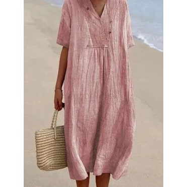 Women's Oversized V-Neck Short Sleeve Midi Dress Summer | Gathered Chest - Image 6