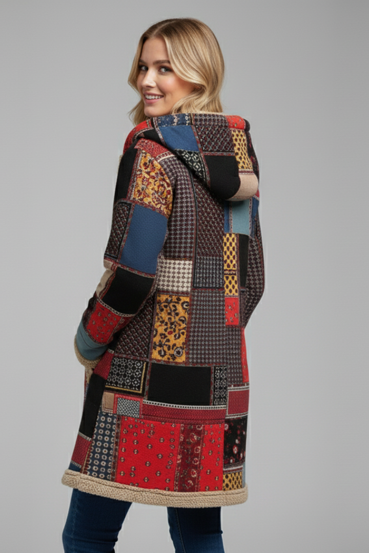 Women's Patchwork Fleece Coat with Sherpa Lining and Hood - Image 3