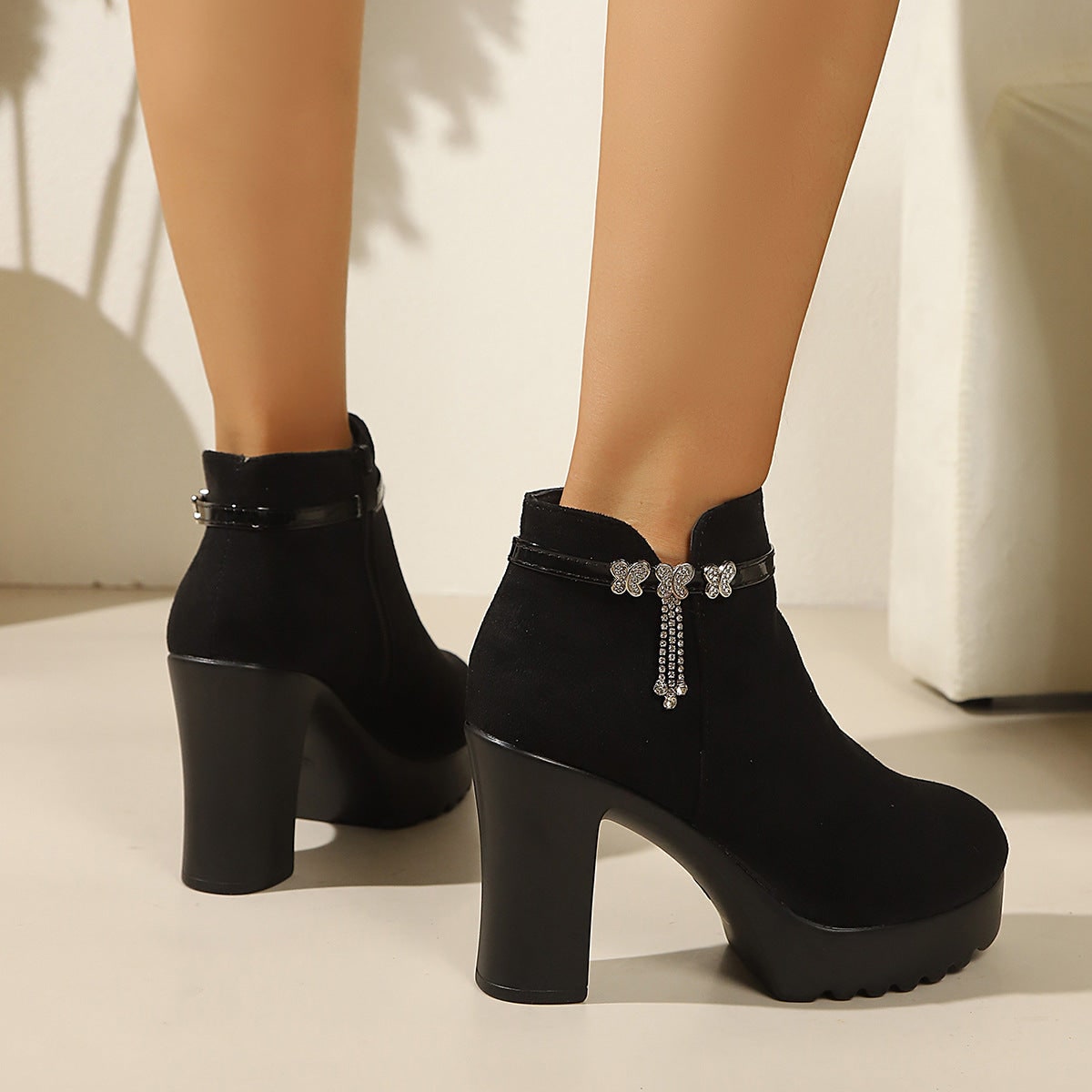 Women's Platform Ankle Boots with Chunky Block Heel and Rhinestone Embellishments - Image 3