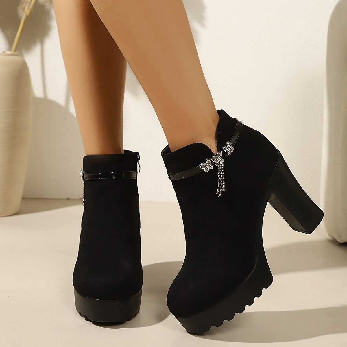 Women's Platform Ankle Boots with Chunky Block Heel and Rhinestone Embellishments - Image 6