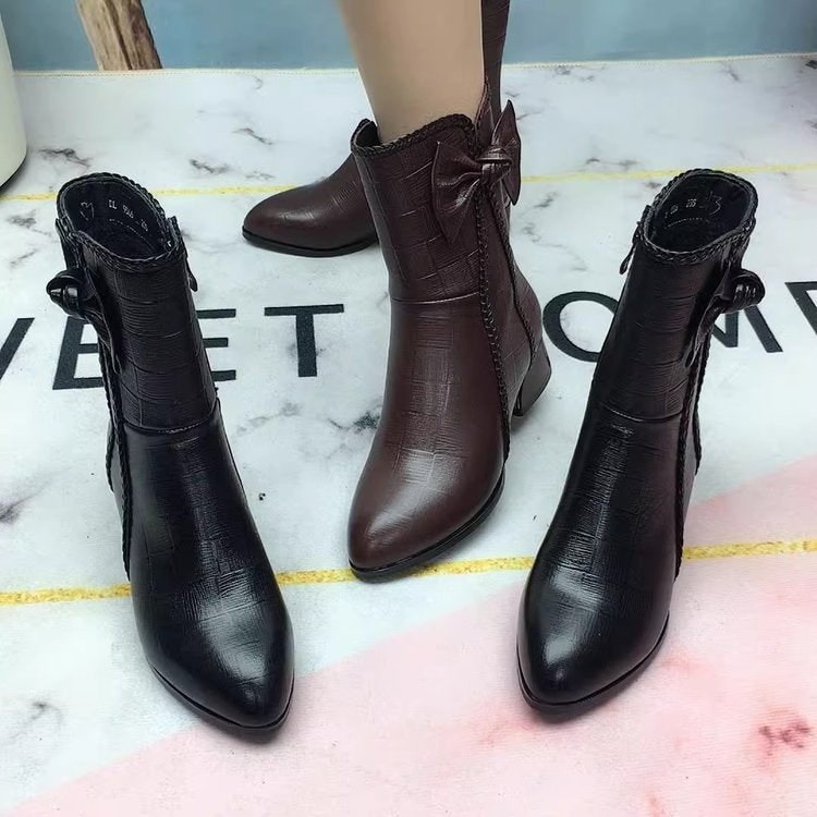 Women's Pointed Toe Ankle Boots with Block Heel and Bow Detail - Image 4