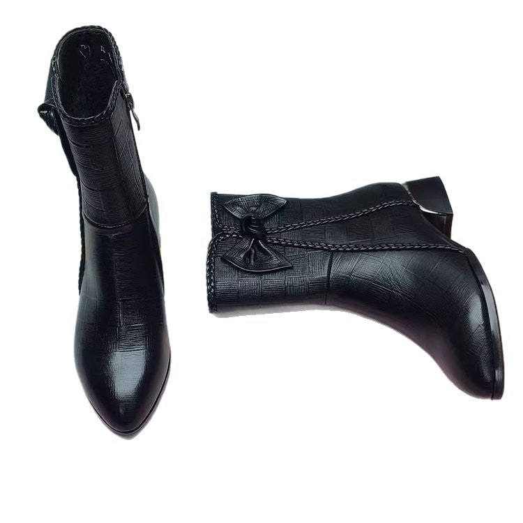 Women's Pointed Toe Ankle Boots with Block Heel and Bow Detail - Image 5
