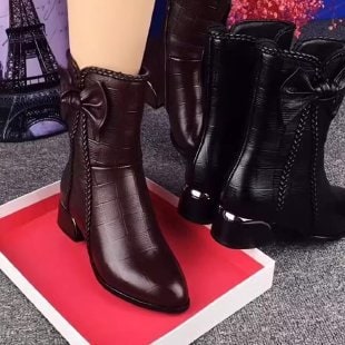 Women's Pointed Toe Ankle Boots with Block Heel and Bow Detail - Image 6