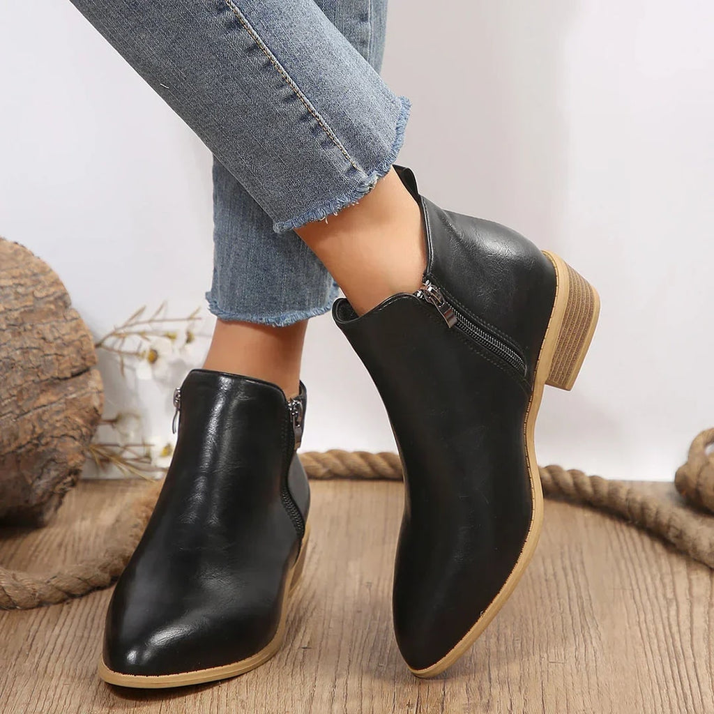 Women's Pointed Toe Ankle Boots with Side Zipper and Block Heel - Image 1