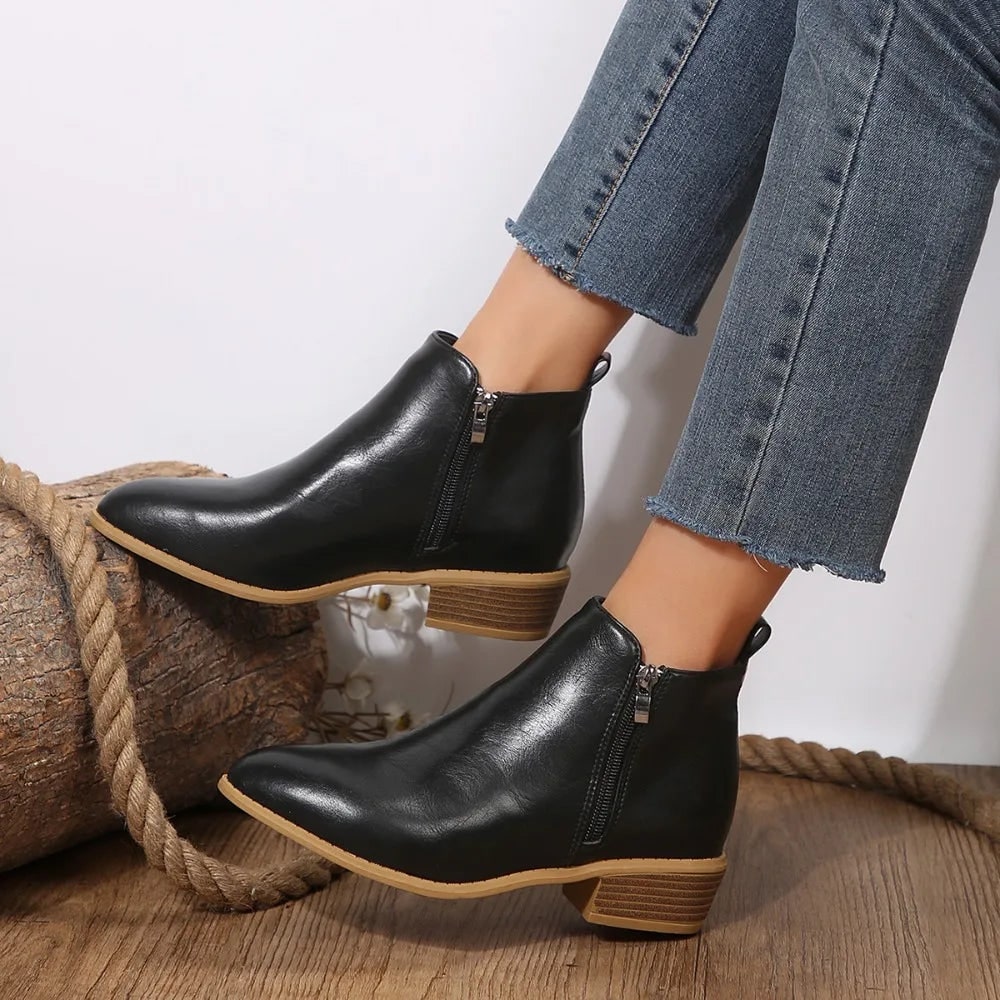 Women's Pointed Toe Ankle Boots with Side Zipper and Block Heel - Image 2