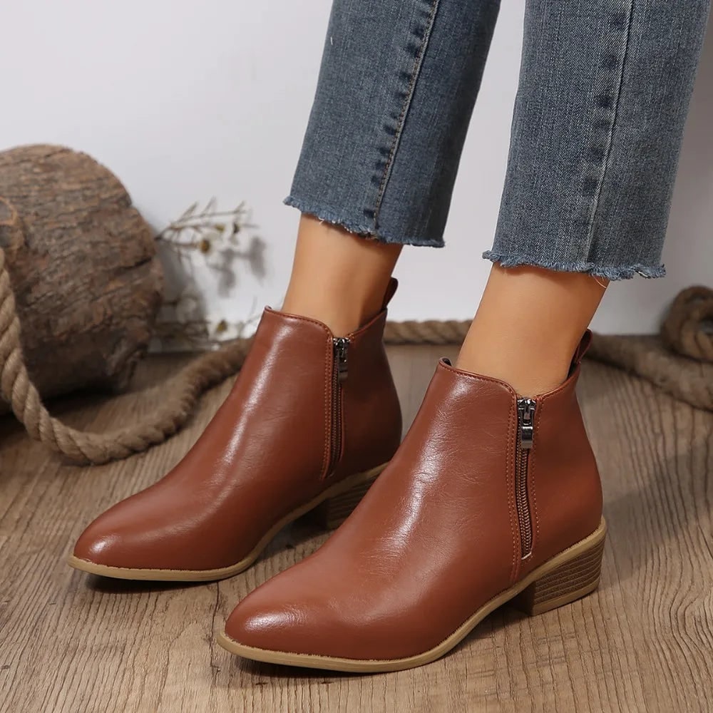 Women's Pointed Toe Ankle Boots with Side Zipper and Block Heel - Image 3