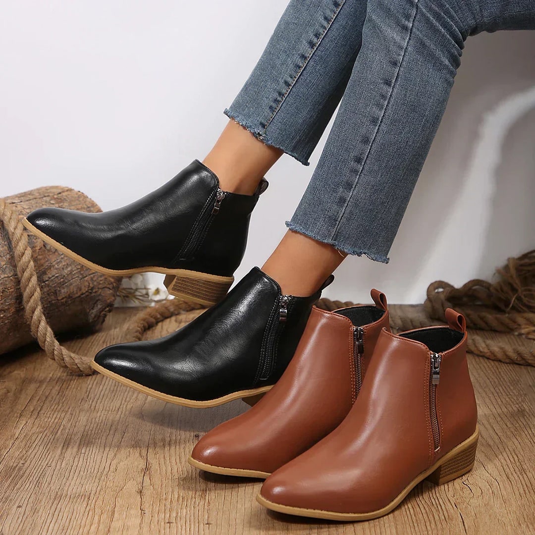 Women's Pointed Toe Ankle Boots with Side Zipper and Block Heel - Image 5