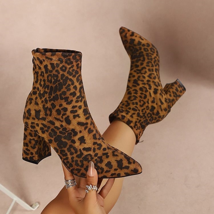 Women's Pointed Toe Block Heel Ankle Boots with Stretch Suede and Rear Zipper - Image 1