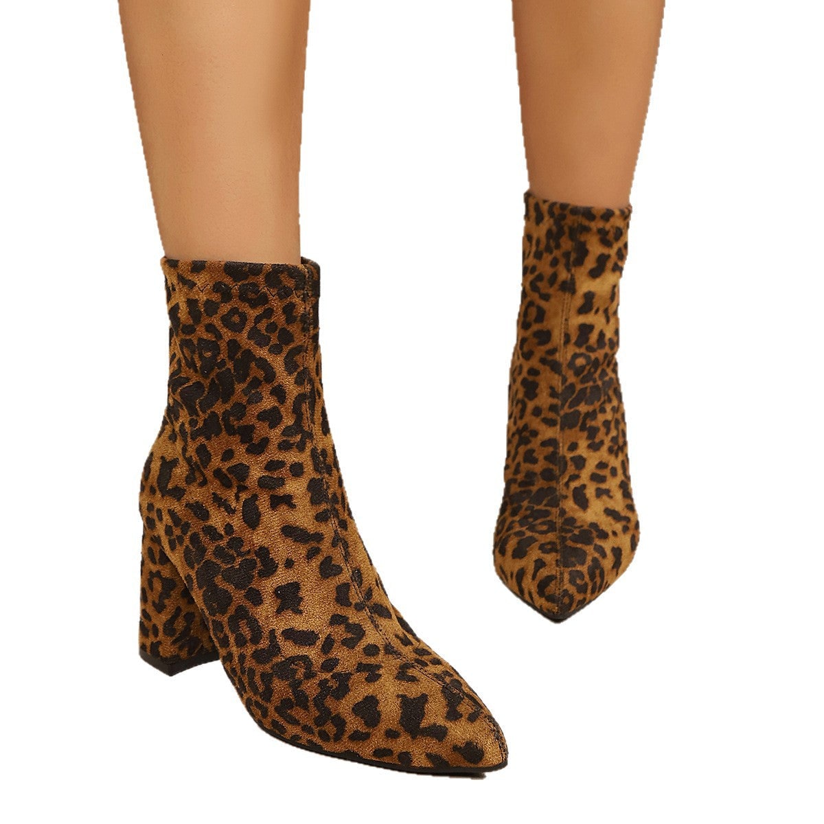 Women's Pointed Toe Block Heel Ankle Boots with Stretch Suede and Rear Zipper - Image 5