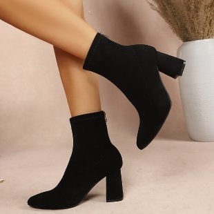 Women's Pointed Toe Block Heel Ankle Boots with Stretch Suede and Rear Zipper - Image 6