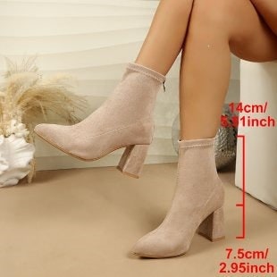 Women's Pointed Toe Block Heel Ankle Boots with Stretch Suede and Rear Zipper - Image 8