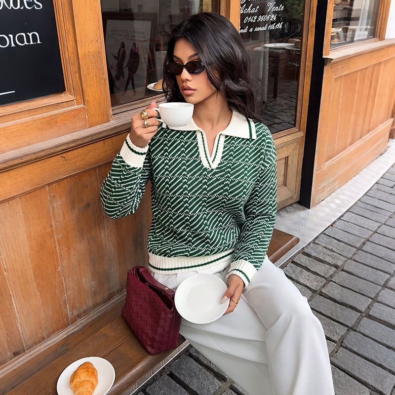 Women's Polo Knit Sweater Long Sleeve with Ribbed Cuffs and V-Neckline - Image 1
