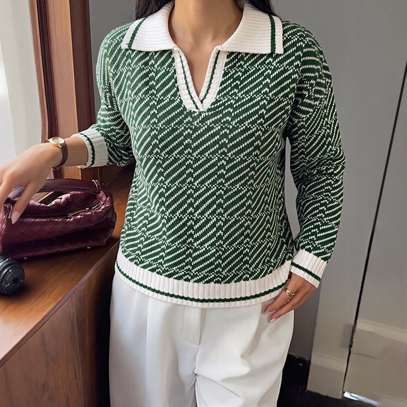 Women's Polo Knit Sweater Long Sleeve with Ribbed Cuffs and V-Neckline - Image 3