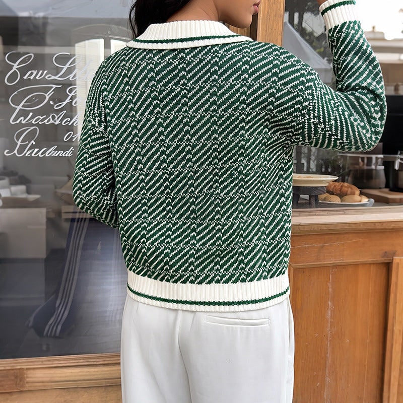 Women's Polo Knit Sweater Long Sleeve with Ribbed Cuffs and V-Neckline - Image 4