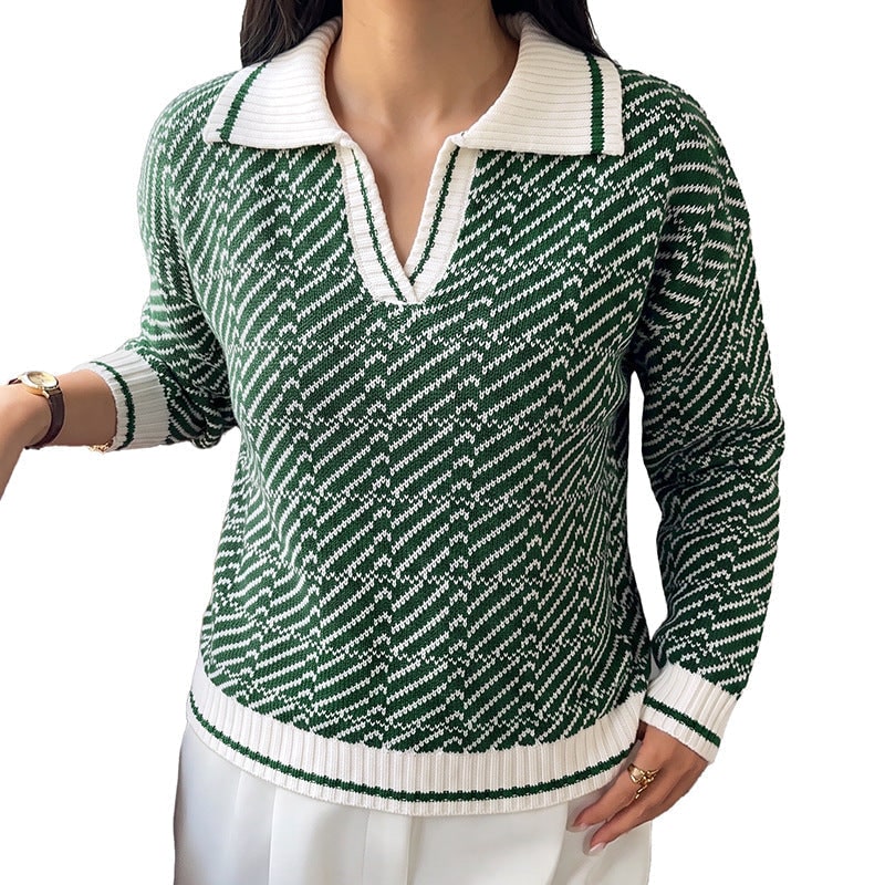 Women's Polo Knit Sweater Long Sleeve with Ribbed Cuffs and V-Neckline - Image 5
