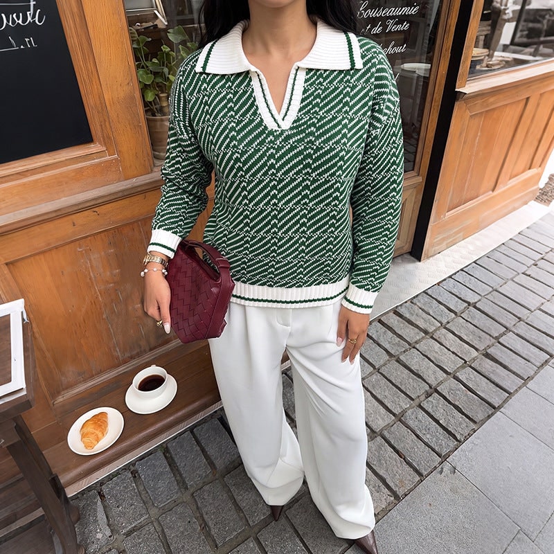 Women's Polo Knit Sweater Long Sleeve with Ribbed Cuffs and V-Neckline - Image 6