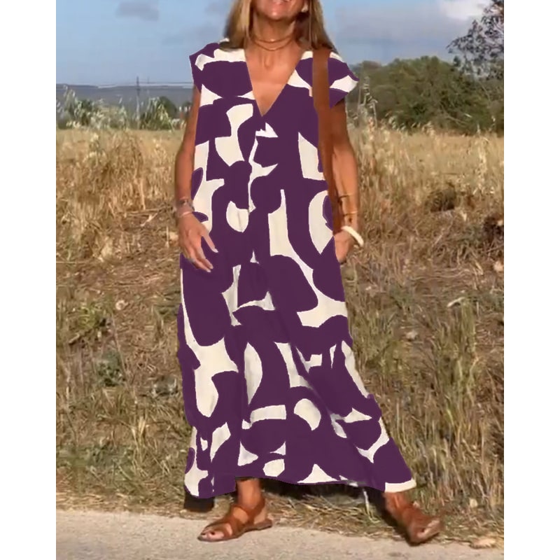 Women's Printed Maxi Dress Summer Cap Sleeve V-Neck | Ankle Length - Image 11
