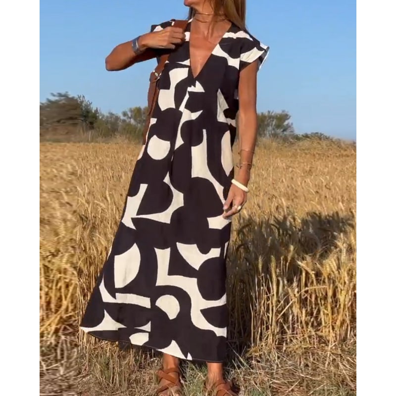 Women's Printed Maxi Dress Summer Cap Sleeve V-Neck | Ankle Length - Image 2