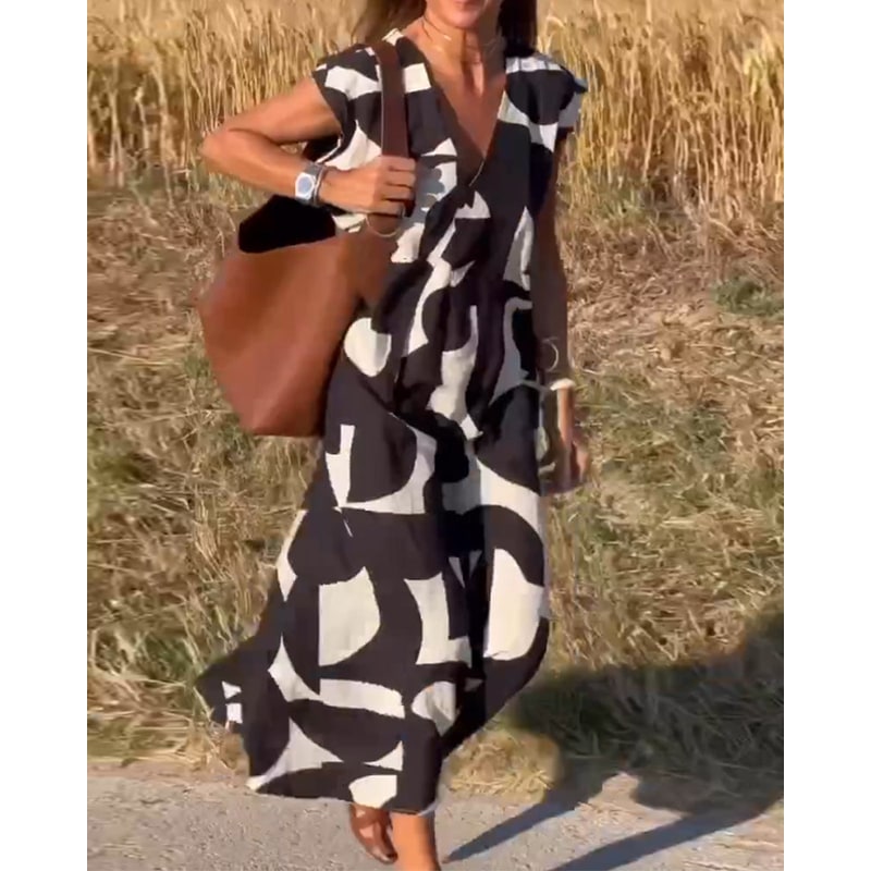 Women's Printed Maxi Dress Summer Cap Sleeve V-Neck | Ankle Length - Image 3
