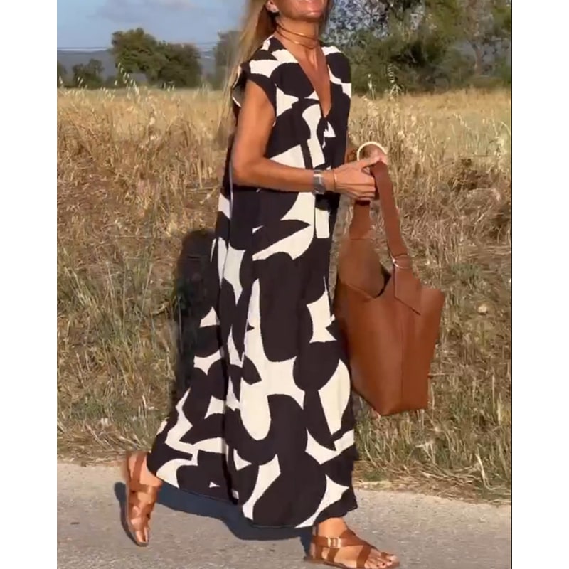 Women's Printed Maxi Dress Summer Cap Sleeve V-Neck | Ankle Length - Image 7