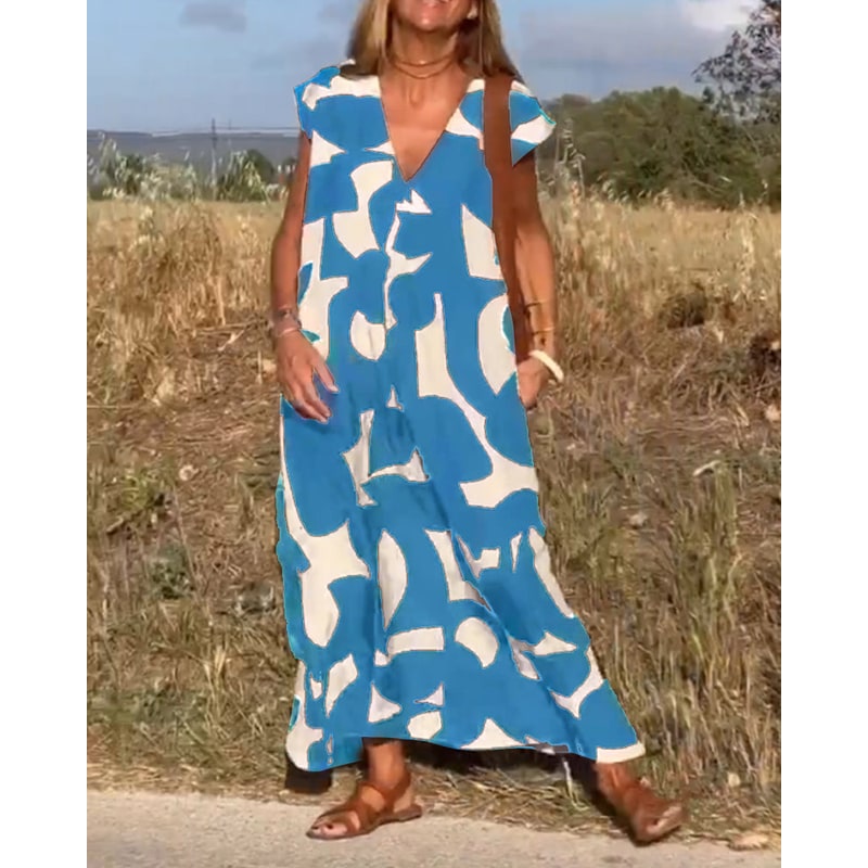 Women's Printed Maxi Dress Summer Cap Sleeve V-Neck | Ankle Length - Image 9