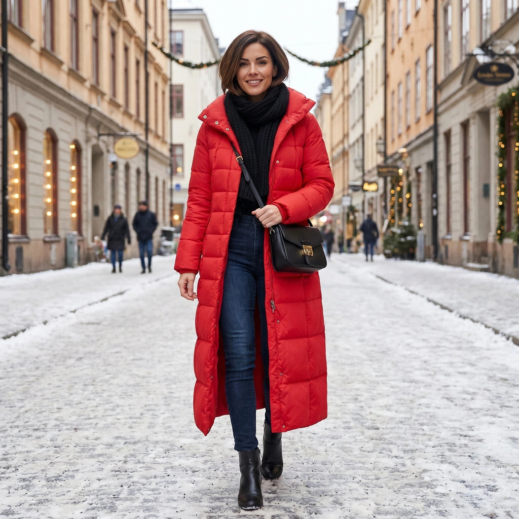 Women's Puffer Coat with Long Quilted Design Faux Fur Hood and Belt - Image 2