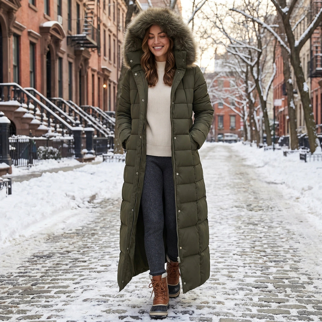 Women's Puffer Coat with Long Quilted Design Faux Fur Hood and Belt - Image 3