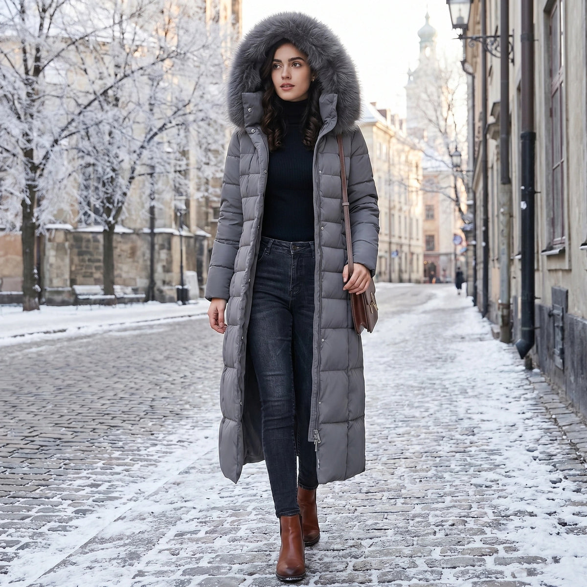 Women's Puffer Coat with Long Quilted Design Faux Fur Hood and Belt - Image 4