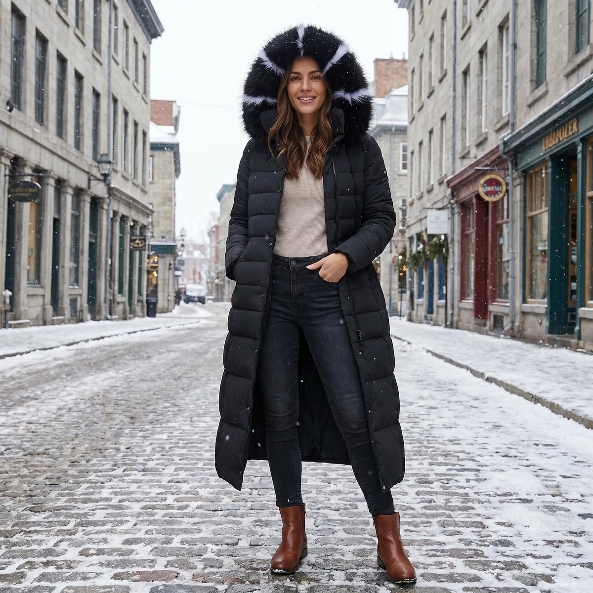 Women's Puffer Coat with Long Quilted Design Faux Fur Hood and Belt - Image 5