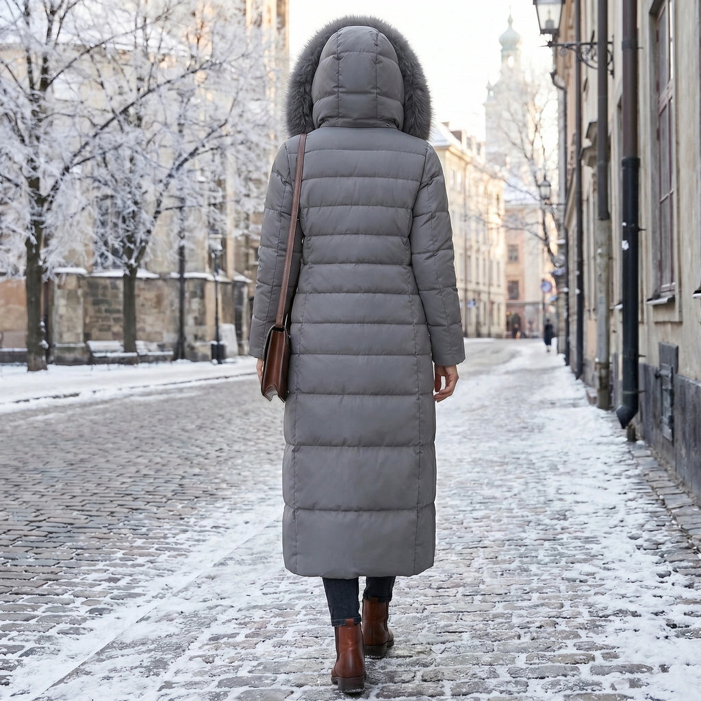 Women's Puffer Coat with Long Quilted Design Faux Fur Hood and Belt - Image 7