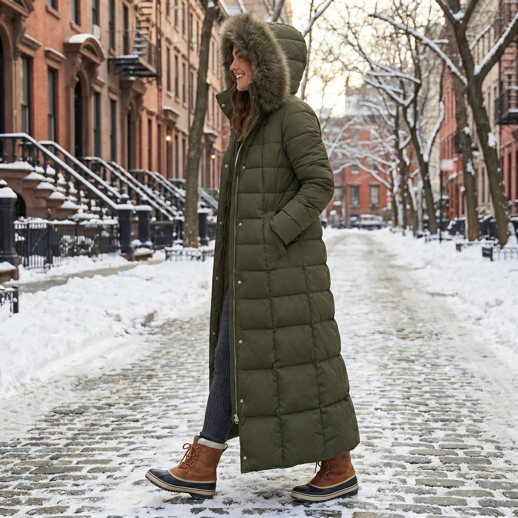 Women's Puffer Coat with Long Quilted Design Faux Fur Hood and Belt - Image 8